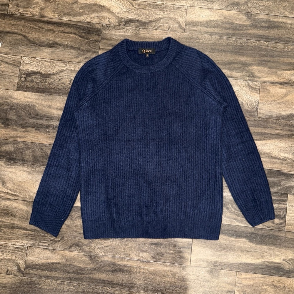 Quince 100% Cashmere Ribbed Crewneck Pullover Sweater Women's Size Medium Blue